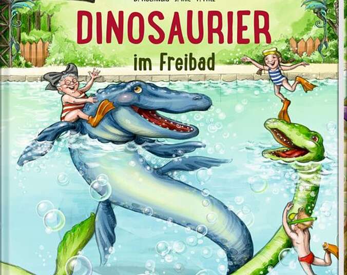 Dinosaurier schwimmen mit Oma, Leon und Sophie im Schwimmbecken.