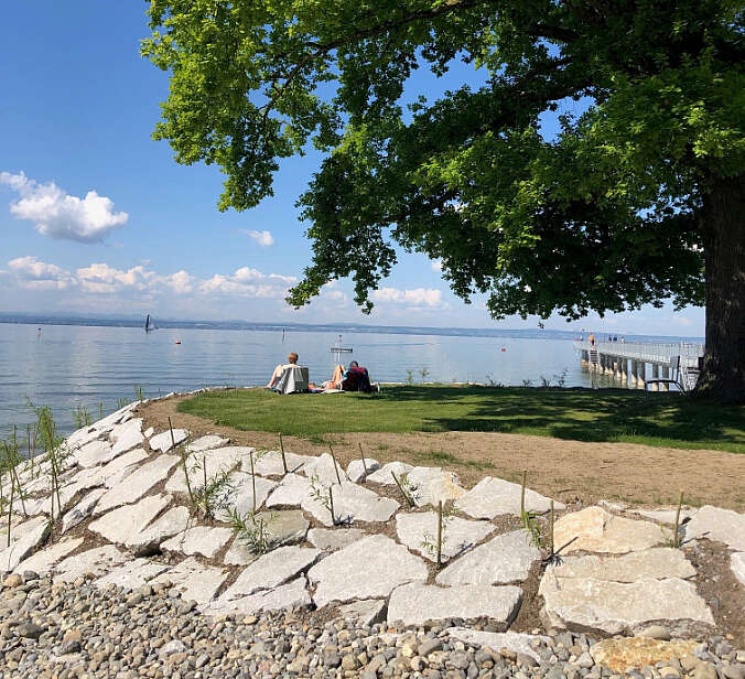 Von Steinen eingefasstes Bodenseeufer mit Baum, zwei Menschen sitzen auf Wiese.
